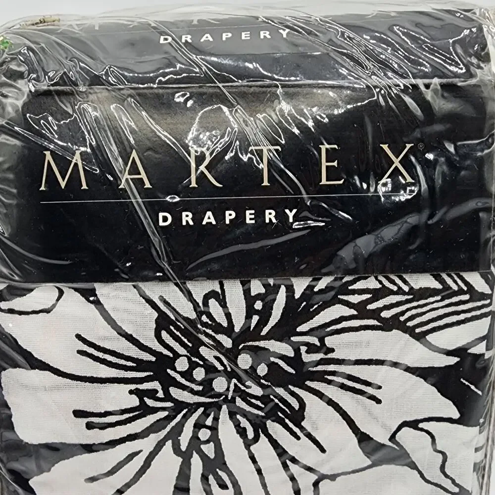 VTG Martex Catalina Black White Floral Rod Pocket Drapes Curtains 84x84 Tiebacks